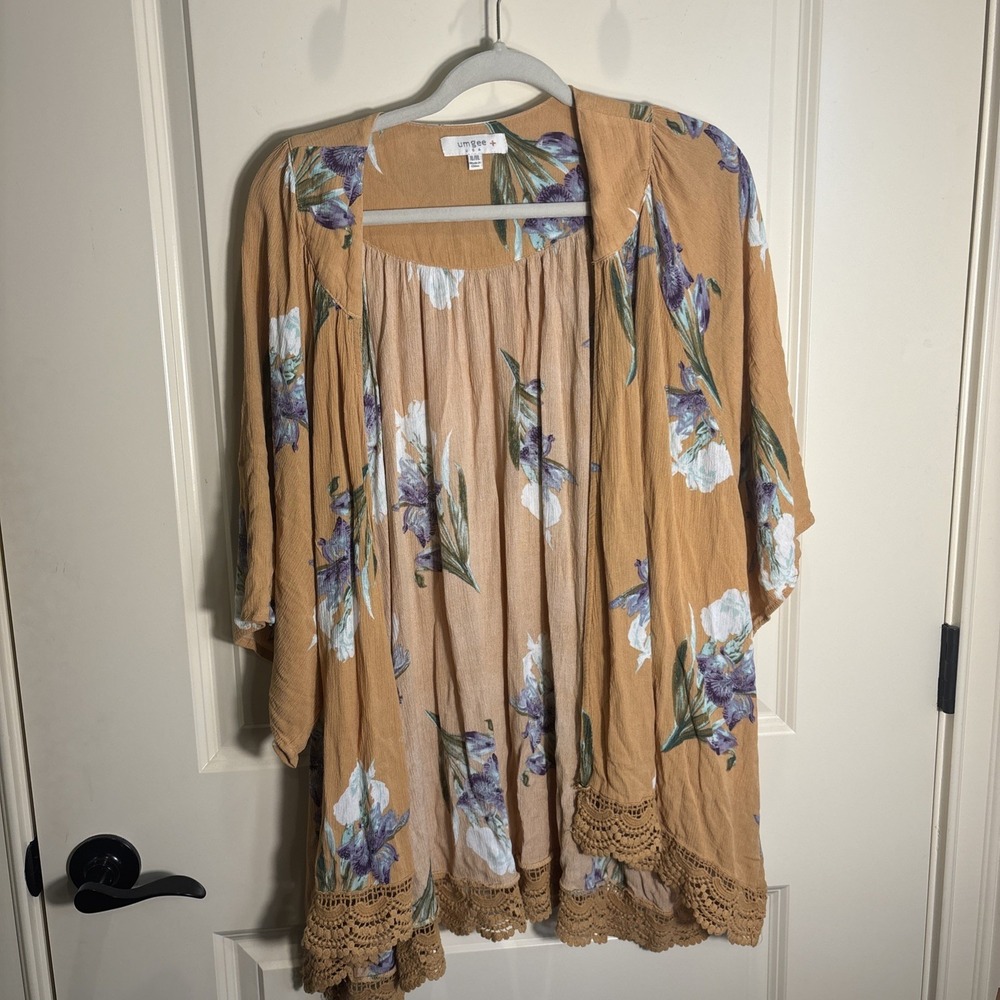 Umgee Mustard Kimono Cardigan Boho Floral Coverup Lace Trim Size XL/1XL